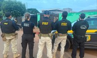 Foto tirada de costas mostrando cinco agentes de segurança pública brasileiros em uma rua, observando uma casa ao fundo. Eles estão parados lado a lado, vestindo coletes balísticos com as identificações de suas respectivas instituições.  Da esquerda para a direita:  Três agentes da PRF (Polícia Rodoviária Federal): Vestem coletes pretos com a sigla PRF em letras amarelas e calças táticas bege-claras. O quarto agente possui uma tarjeta abaixo da sigla escrita "Núcleo de Operações Especiais".  Uma agente da Receita Federal (segunda da esquerda): Veste colete preto com a inscrição RECEITA FEDERAL em letras brancas e calça tática preta.  Um agente da Polícia Federal (último à direita): Veste colete e calça pretos, com a inscrição POLÍCIA FEDERAL / DRE (Delegacia de Repressão a Entorpecentes) em letras brancas.