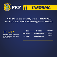 BR-277 terá desvio de tráfego neste fim de semana em Cascavel/PR