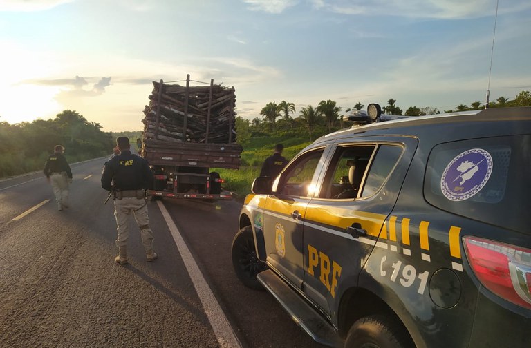 PRF apreende caminhão transportando carga ilegal de madeira nativa
