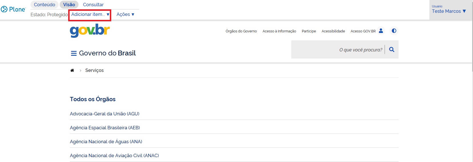 Menú superior esquerdo - Adicionar Item