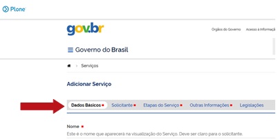 Página de cadastro de serviços - Abas