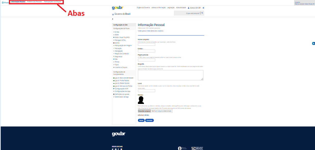 Página do editor - abas