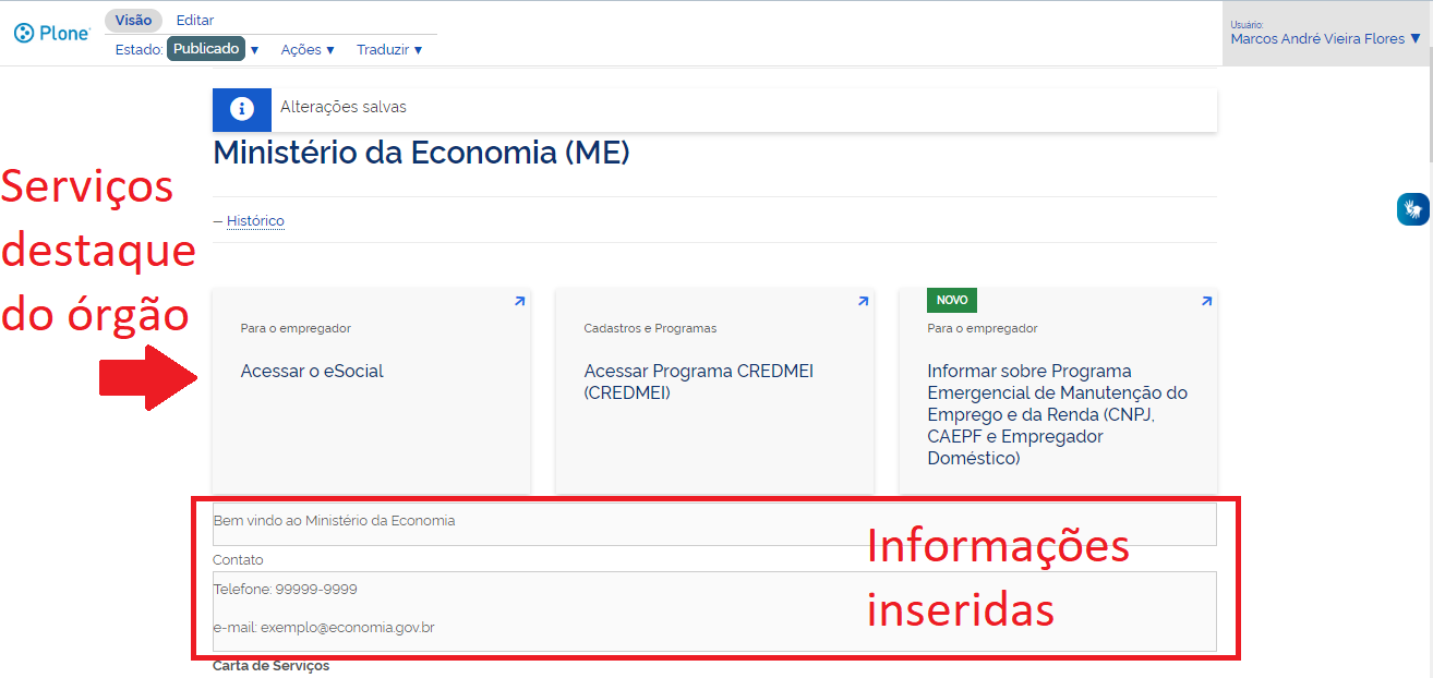 Página do órgão com alterações feitas