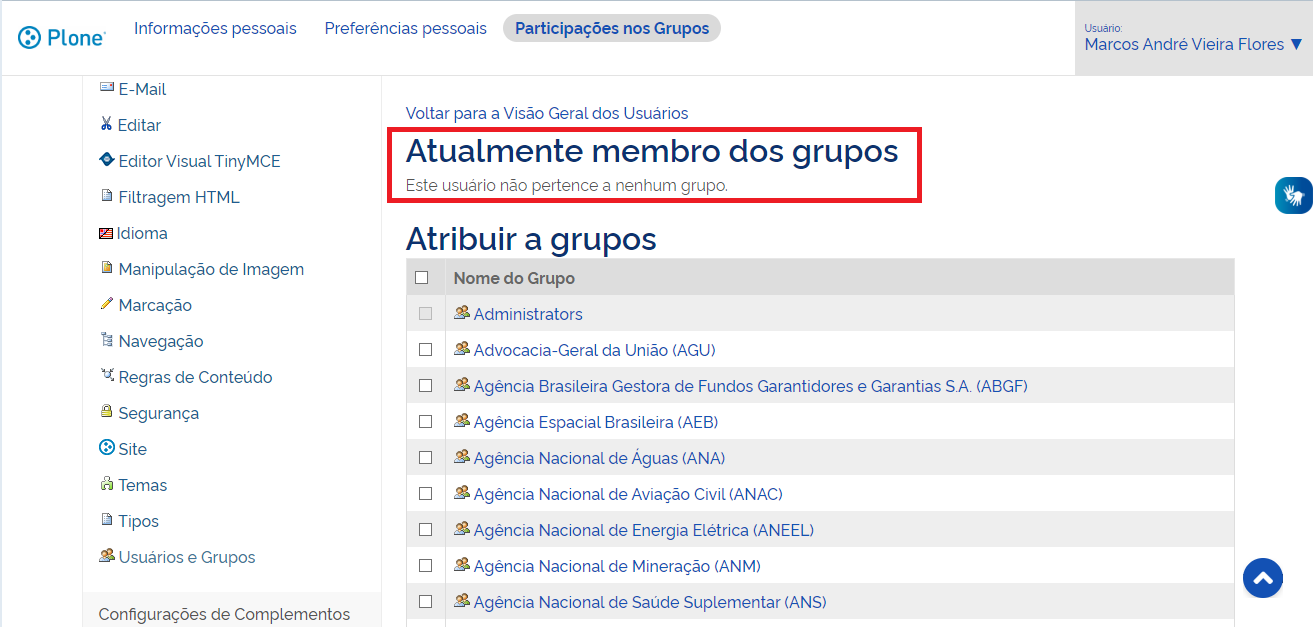 Páginas dos grupos