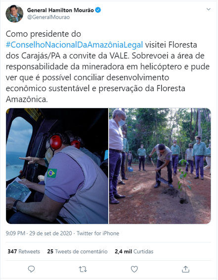 Tweet do vice-presidente Hamilton Mourão