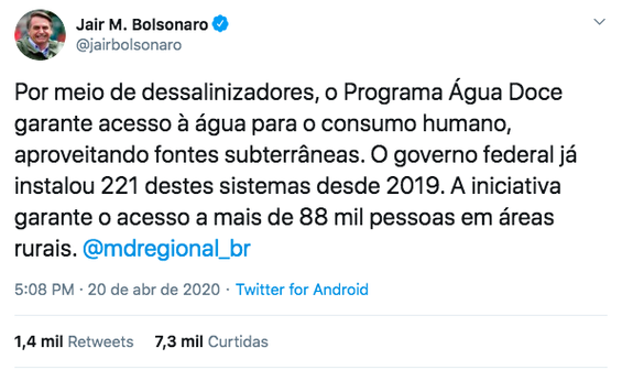 Tweet do presidente Jair Bolsonaro