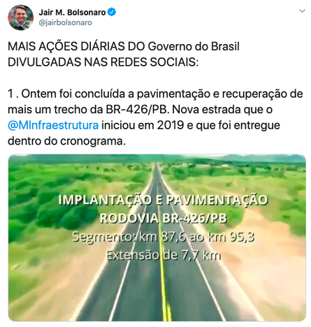 Tweet do presidente da República, Jair Bolsonaro.