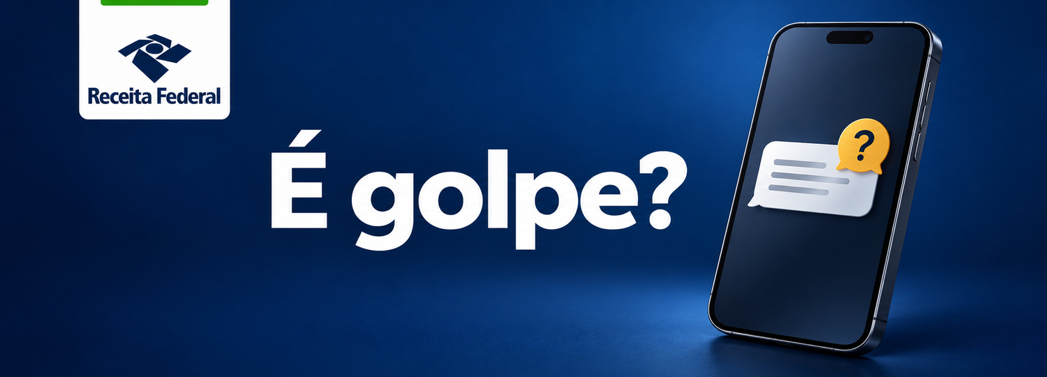 É golpe? Celular com mensagem sob questionamento, ao lado da marca da Receita Federal.