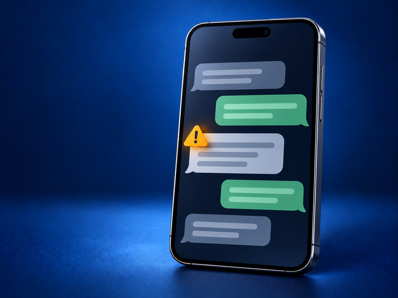 Conversa no celular com balões verdes e sinal de alerta em uma mensagem suspeita.