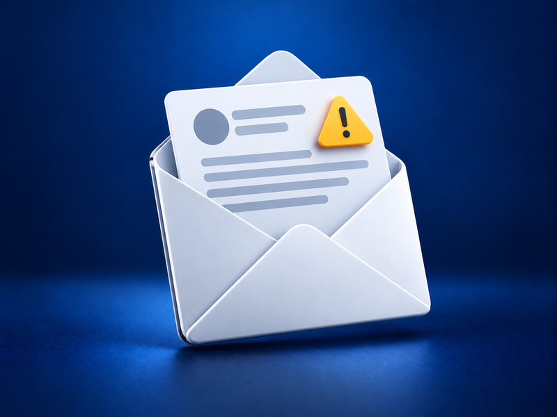 Envelope aberto com mensagem digital e sinal de alerta junto ao remetente.