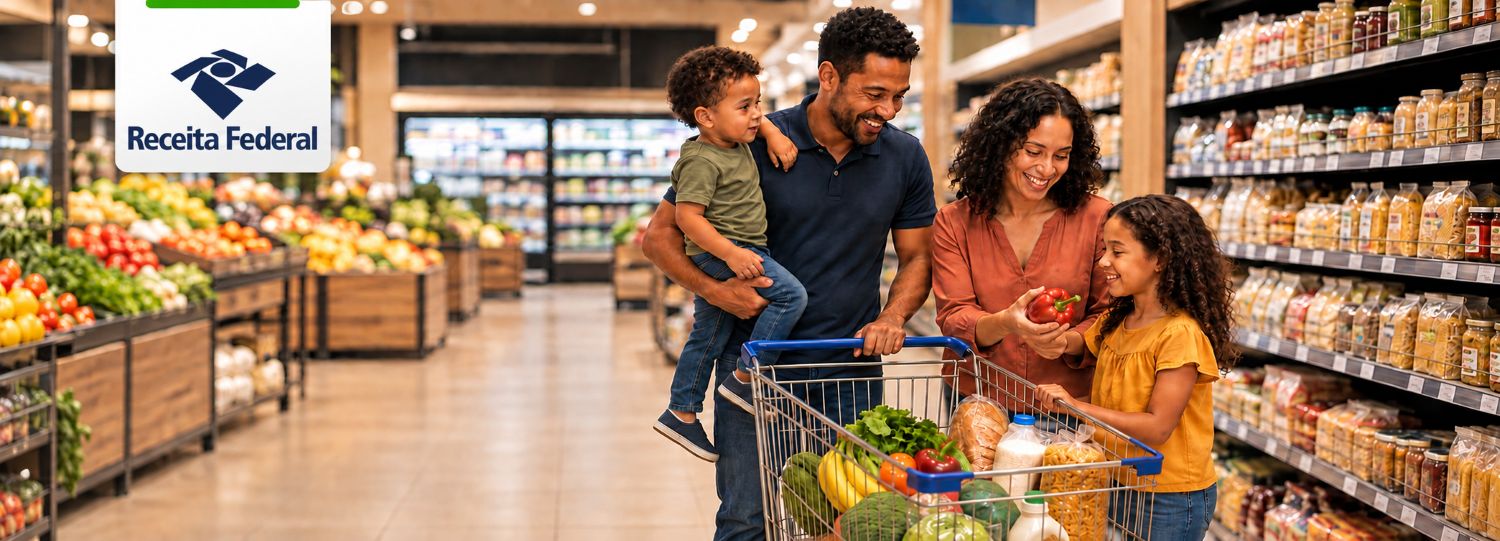 Família brasileira faz compras em supermercado com carrinho abastecido de alimentos.