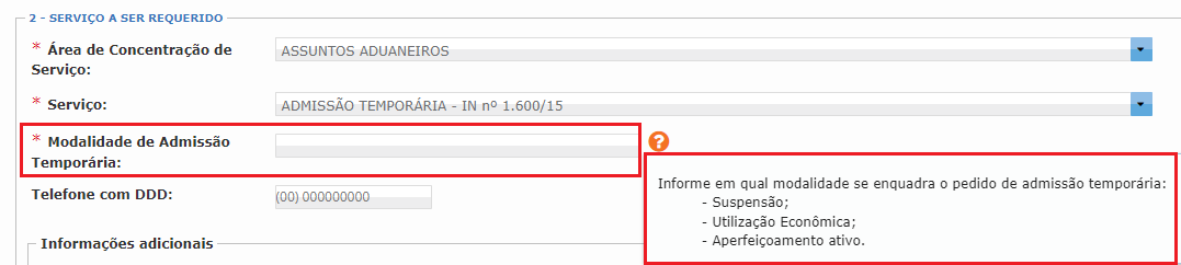 tela do e-cac mostrando como informar a modalidade de admissão temporária