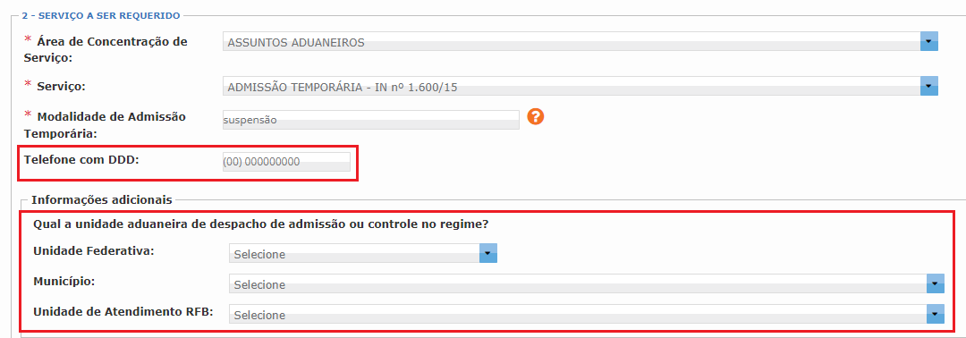 tela do e-cac mostrando como informar telefone e unidade responsável pela admissão temporária