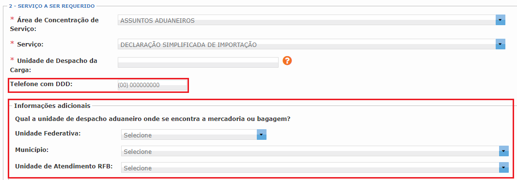 mostrando como informar telefone e unidade onde está a carga da DSI