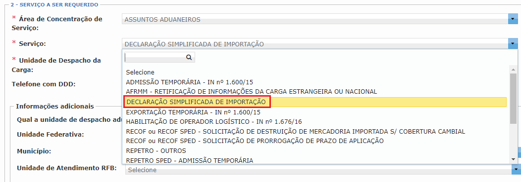 tela do e-cac mostrando como solicitar serviço para apresentar DSI em formulário