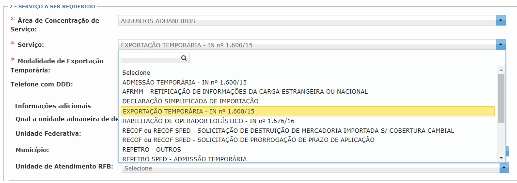 Tela do portal e-CAC mostrando como escolher o serviço exportação temporária