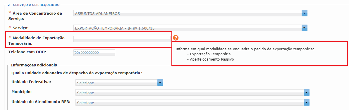 tela mostrando como escolher a modalidade do regime de exportação temporária