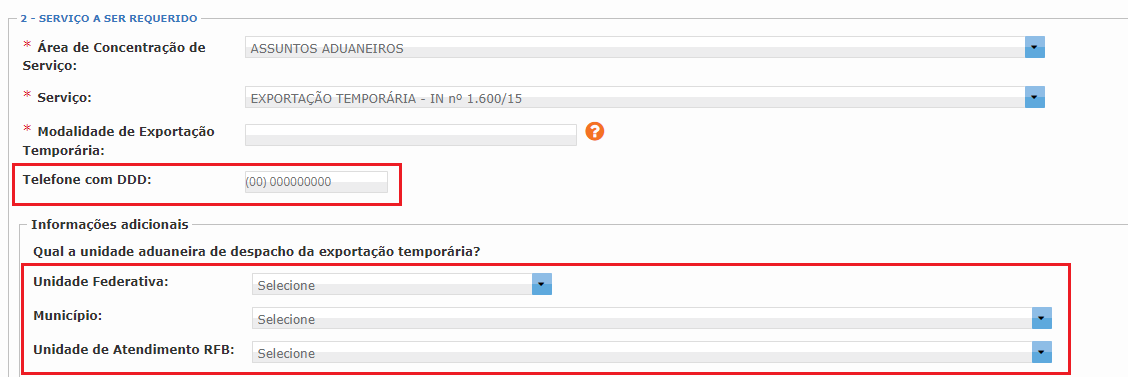Tela mostrando como escolher a unidade de despacho da exportação temporária