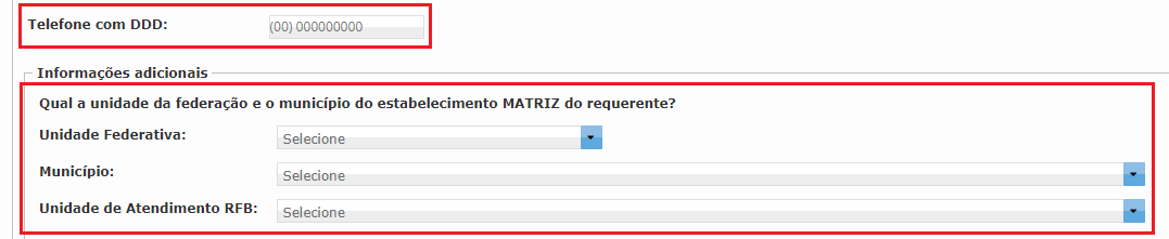tela do e-cac mostrando como informar o número do telefone e unidade de atendimento da matriz do requerente