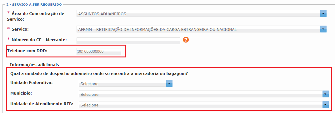 tela do e-cac mostrando como informar o telefone e unidade onde está a carga a ser retificada