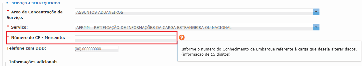 tela do e-cac mostrando como informar o número do CE da carga a ser retificada