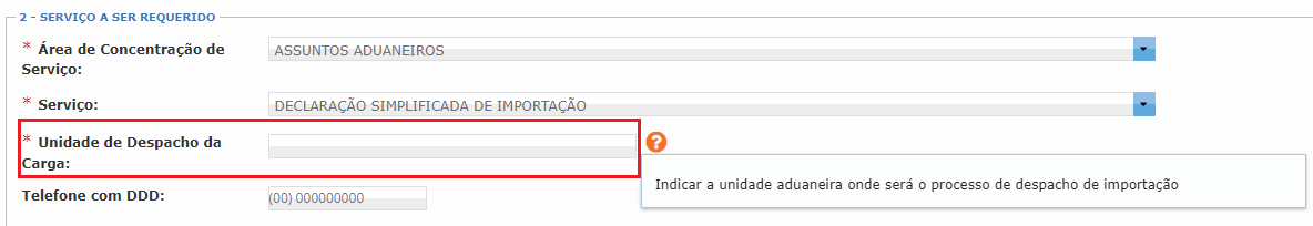 mostrando como informar a unidade onde será o despacho da DSI