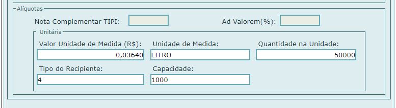 alíquota específica bebida