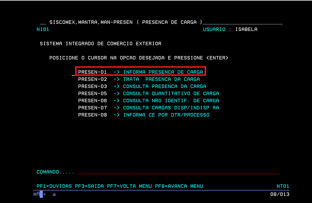 tela 3 - presença de carga