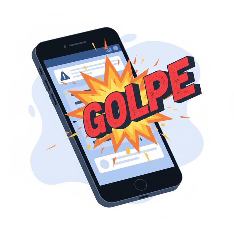 Celular com um ponto de exclamação como alerta. Texto: É golpe? Quais são os golpes mais comuns?