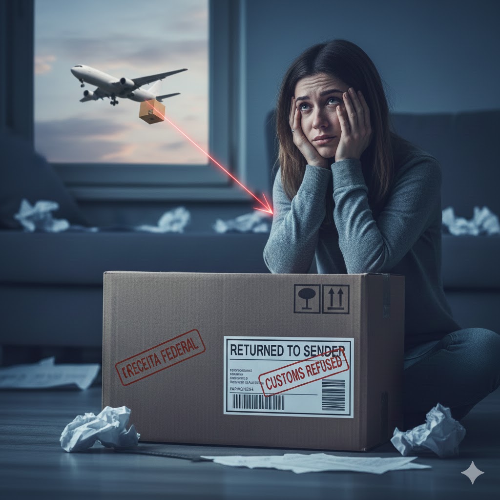 Embalagem com seta vermelha. Texto: Por que minha encomenda foi devolvida?