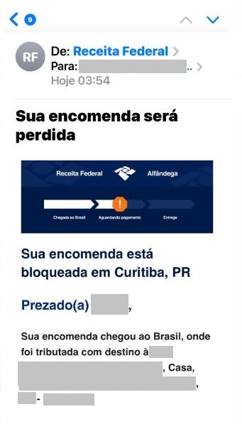 Imagem 2 - Sua encomenda será perdida. Sua encomenda está bloqueada em Curitiba, PR.