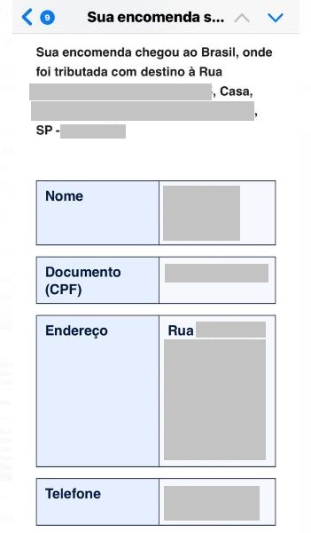 Imagem 3 - Sua encomenda chegou ao Brasil, onde foi tributada com destino: informando um endereço. Tabela contendo nome, CPF, endereço e telefone.
