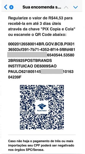Imagem 4 - Regularize o valor de R$ 44,53 para recebê-la em até 3 dias úteis através da chave "PIX Copia e Cola" ou escaneie o QR Code abaixo. Caso não haja o pagamento de três ou mais importações seu CPF poderá ser negativado nos órgãos SPC/Serasa.