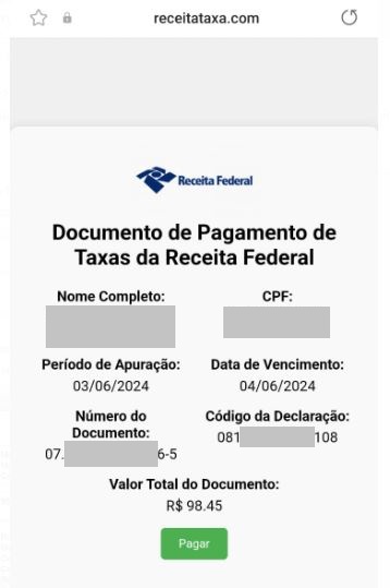 Imagem 5 - Documento de Pagamento de Taxas da Receita Federal. Contém Nome Completo, CPF, período de apuração, data de vencimento, número do documento, código da declaração e valor total do documento. Existe um botão verde escrito Pagar.