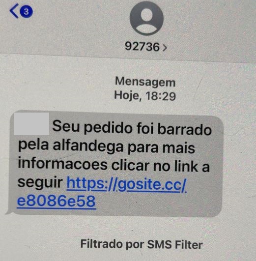 Imagem 8 - Consta um número que enviou a mensagem: 92736. Mensagem: Seu pedido foi barrado pela alfandega para mais informacoes clicar no link a a seguir https?//gosite.cc/e8086e58.