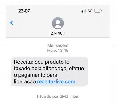 Imagem 6 - Consta um número que enviou a mensagem: 27440. Mensagem - Receita: Seu produto foi taxado pela alfandega, efetue o pagamento para liberacao: receita-live.com.