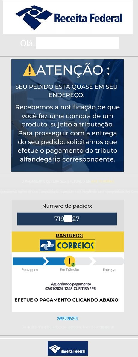 Imagem contendo número falso de pedido. Texto: Aguardando pagamento. Efetue o pagamento clicando abaixo: CLIQUE AQUI em azul.