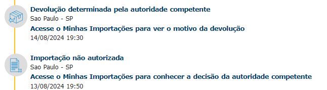 Importação não autorizada e Devolução.