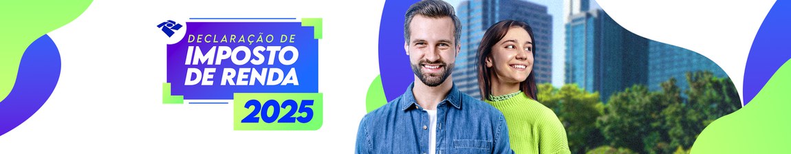 Duas pessoas utilizando dispositivos digitais com o texto "2024 Imposto de Renda", logo da Receita Federal.