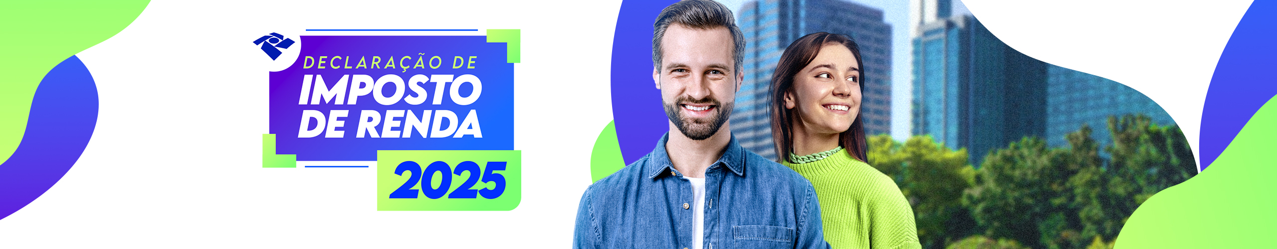 Duas pessoas utilizando dispositivos digitais com o texto "2024 Imposto de Renda", logo da Receita Federal.
