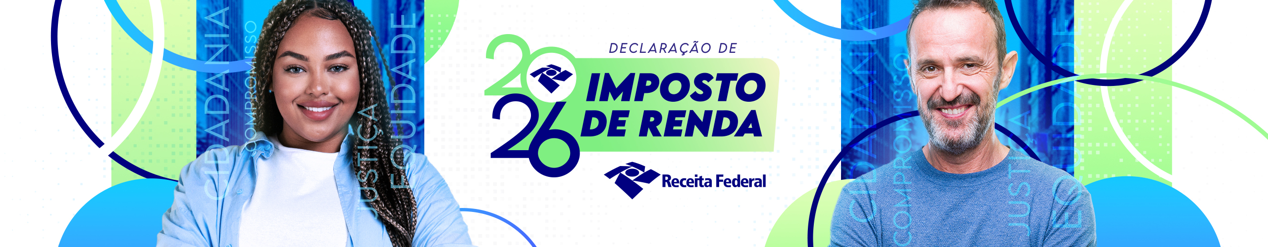 Duas pessoas utilizando dispositivos digitais com o texto "2024 Imposto de Renda", logo da Receita Federal.