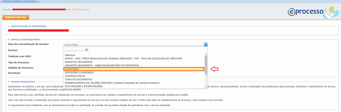 Solicitar Serviço Cadastros