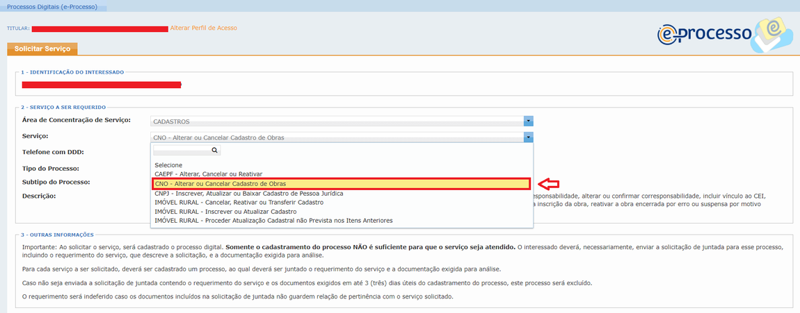Solicitar Serviço CNO