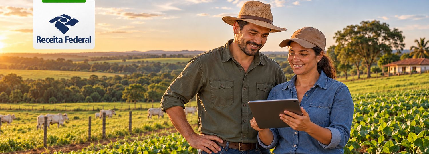 Casal de produtores rurais consulta um tablet em uma propriedade agrícola.