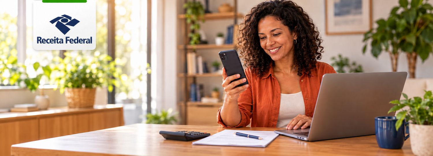 Mulher consulta informações de pagamento pelo celular ao lado de um notebook.