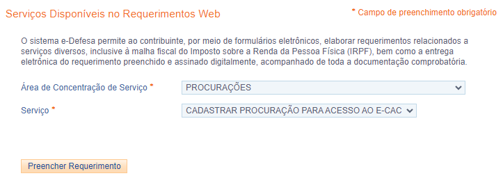 Requerimentos Web: Preenchimento do campo Área de Concentração de Serviço e do campo Serviço.