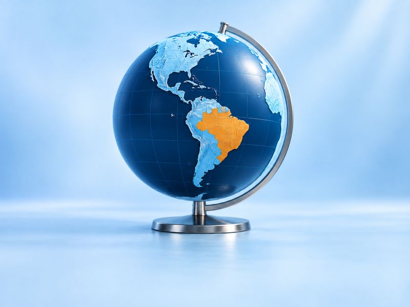 Globo terrestre azul mostrando as Américas com Brasil em destaque