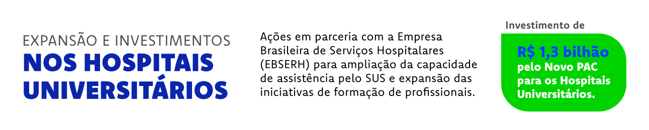 Expansão e investimentos nos hospitais universitários. Ações em parceria com a Empresa Brasileira de Serviços Hospitalares (EBSERH) para ampliação da capacidade de assistência pelo SUS e expansão das iniciativas de formação de profissionais. Investimento de R$ 1,3 bilhão pelo Novo Pac para os Hospitais Universitários.