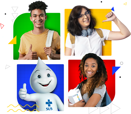 Colagem com estudantes e o personagem Zé Gotinha