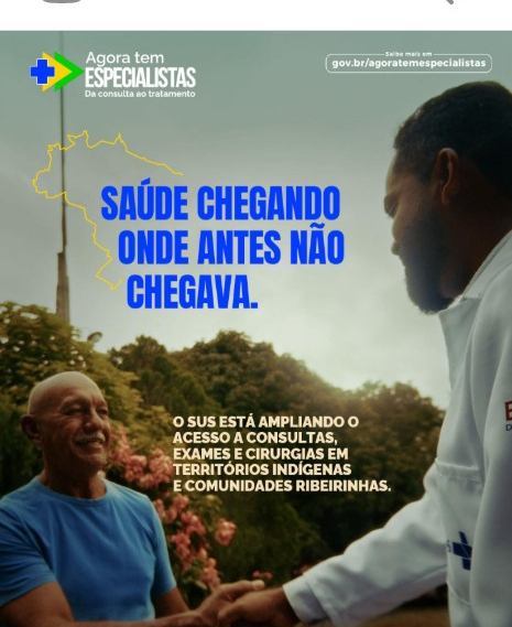 Levar saúde também é chegar onde antes o acesso era limitado.  Com o Agora Tem Especialistas, o atendimento avança por territórios indígenas e ribeirinhos, ampliando o acesso a consultas, exames e cirurgias.  É mais presença, mais cuidado e mais brasileiros sendo atendidos em todo o país.  Saiba mais em gov.br/agoratemespecialistas